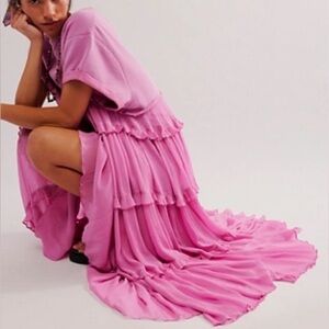 Free People Stacy Vibrant Pink ruffled Layered Midi Dress